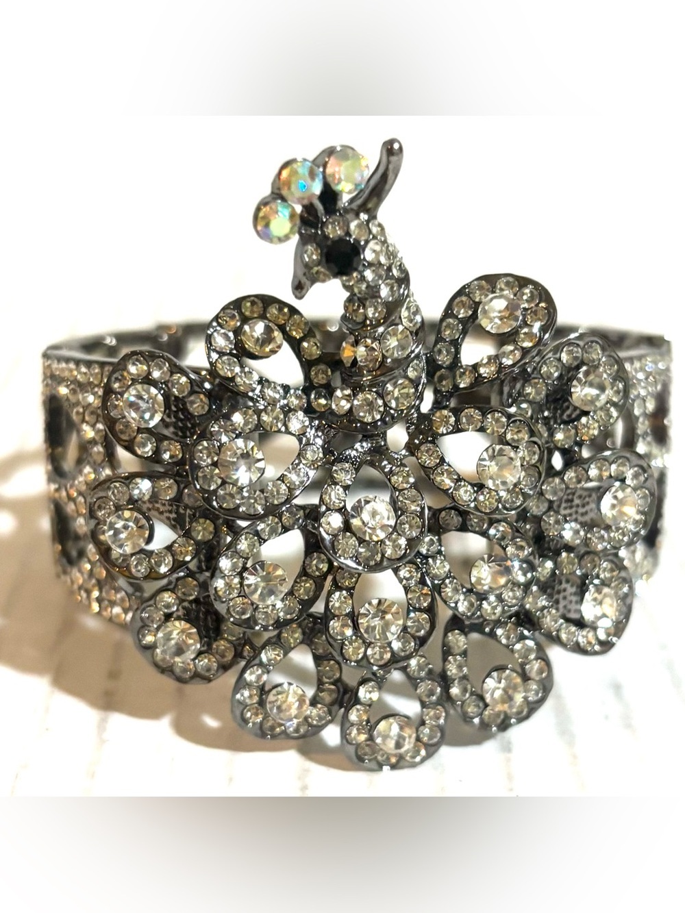 Crystal Peacock Cuff Bracelet - Clear Crystal Silver Tone